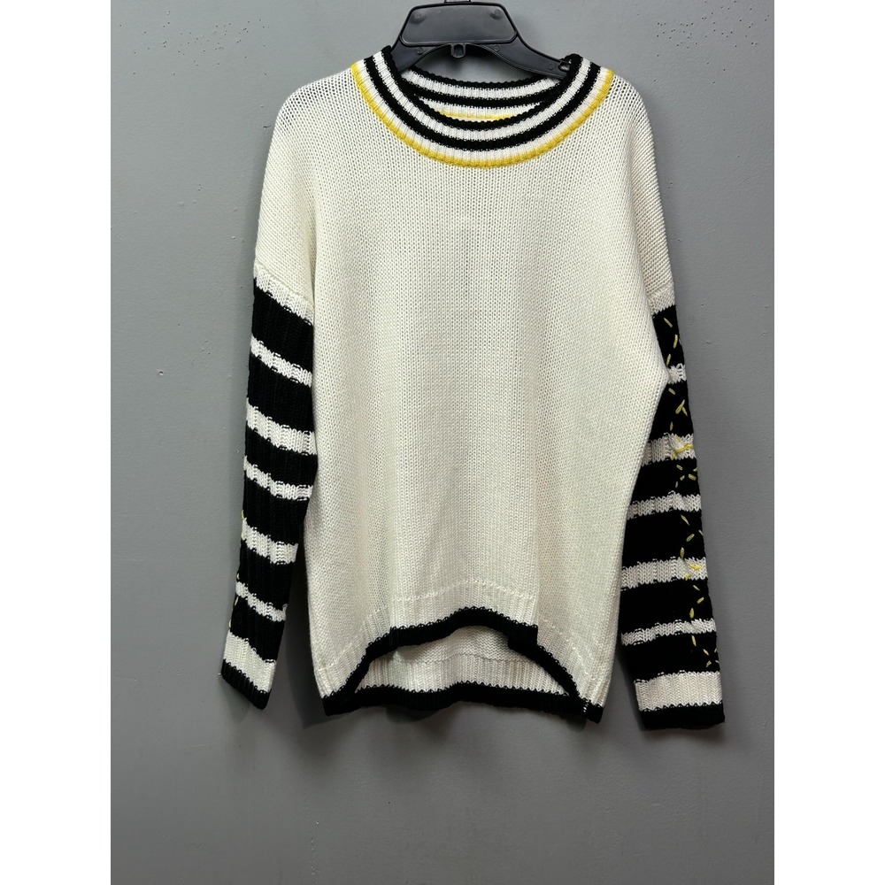 For The Republic Sweater Womens Small‎ Ivory Black Mustard Striped Crewneck Knit